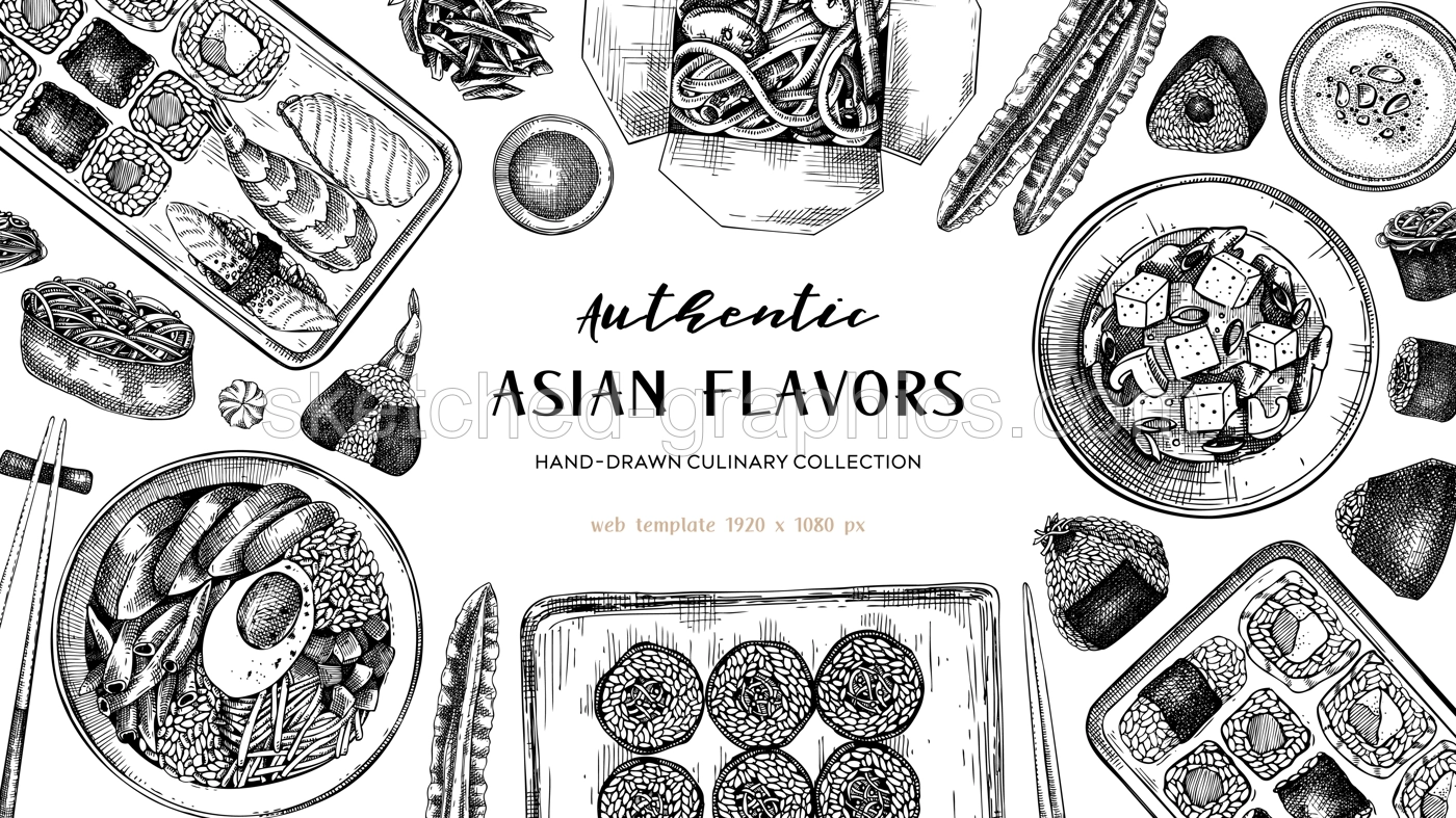 Asian food background. Japanese cuisine banner design. Hand-drawn vector illustrations in engraved style. NOT AI generated Illustration